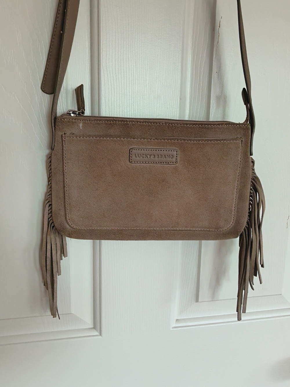 Lucky Brand Taupe Suede Fringe Crossbody